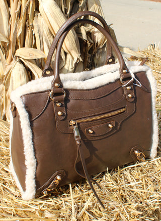 Seraphina Brown Shearling Trim Satchel Bag