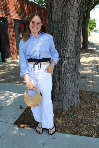 Annie Stripe Button Up Shirt w/ Elastic Bottom