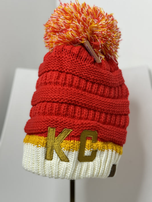 KC Colorblock Ribbed Beanie with Pom Pom