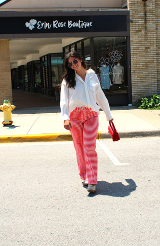 JBD Red Gingham High Rise Straight Jeans