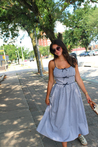 Navy Pier Gingham Ruched Bodice Midi Dress