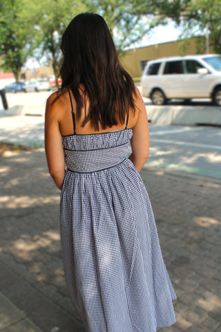 Navy Pier Gingham Ruched Bodice Midi Dress