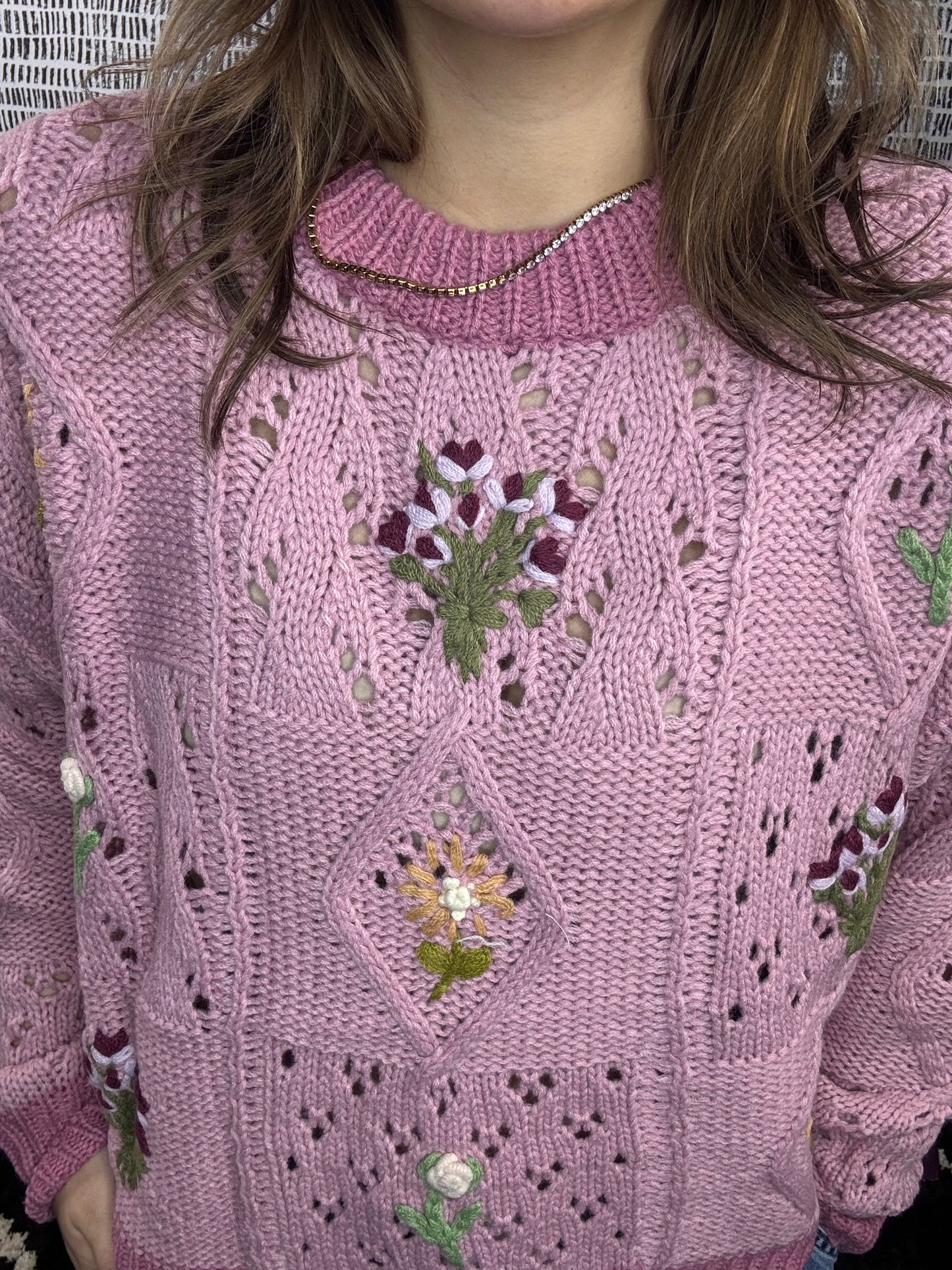 Embroidered Flower Detail Checkered Sweater