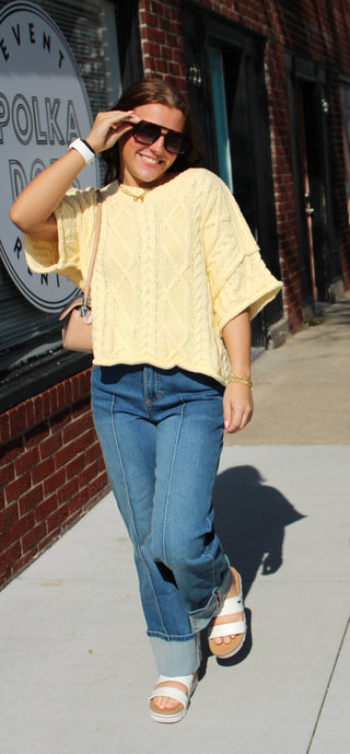High rise straight leg denim jeans with cuffed hem and front seam detail