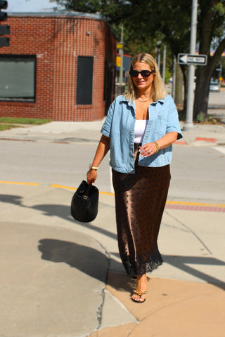 After Hours Satin Polka Dot Midi Skirt