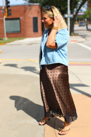After Hours Satin Polka Dot Midi Skirt