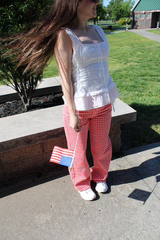 JBD Red Gingham High Rise Straight Jeans