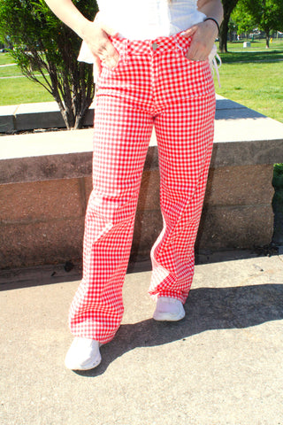 JBD Red Gingham High Rise Straight Jeans