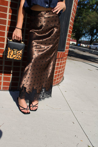 After Hours Satin Polka Dot Midi Skirt