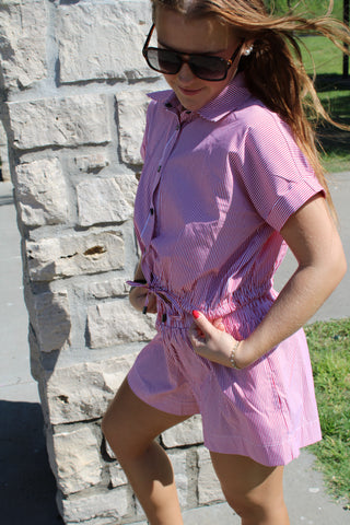 Strawberry Red Stripe Drawstring Button Top w Elastic Waist