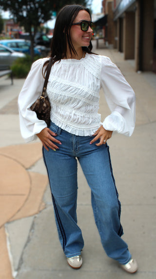 Rita Ruched Round Ruffle Neck Asymmetrical Top
