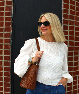 Rita Ruched Round Ruffle Neck Asymmetrical Top
