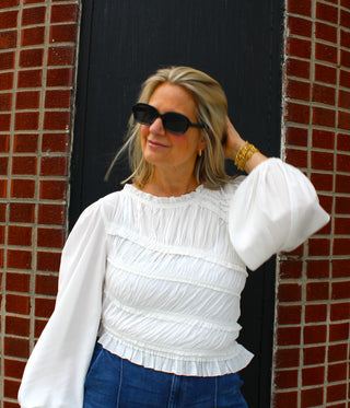 Rita Ruched Round Ruffle Neck Asymmetrical Top