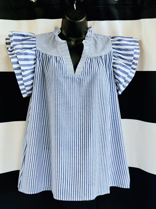 Striped Flutter Sleeve Blouse