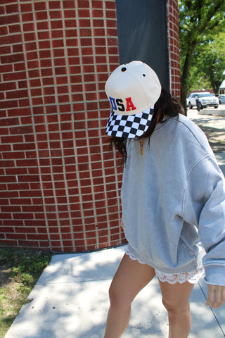 Embroidered Checkered USA Hat