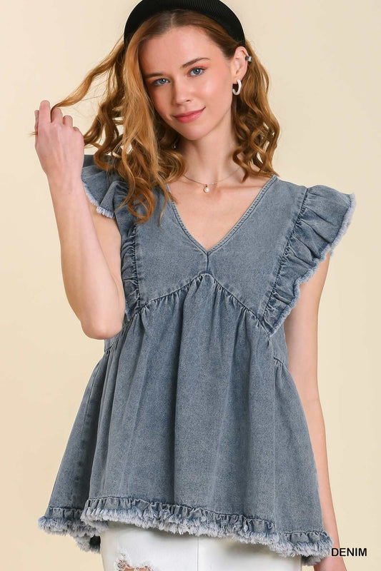 V-Neck Denim Baby Doll Top