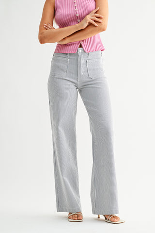JBD striped wide leg jeans with mini patch pockets trendy striped denim pants.