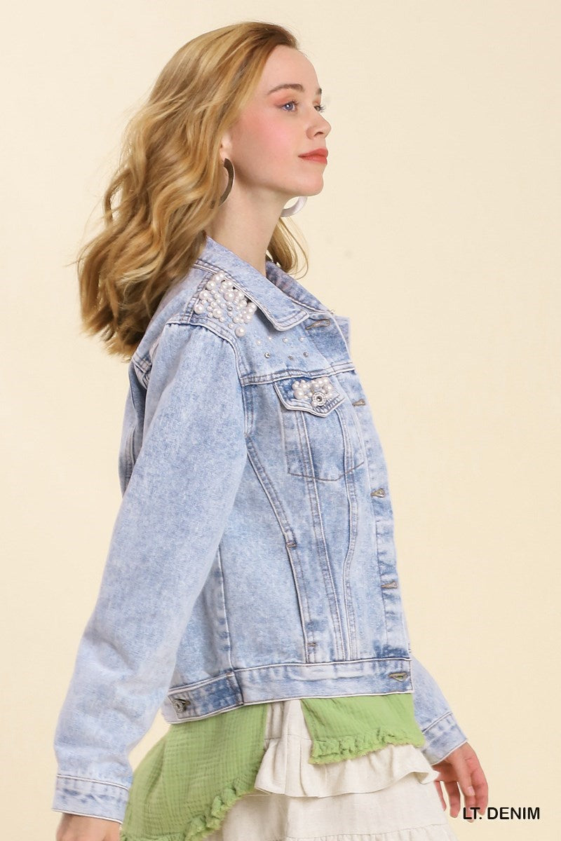 Amanda Denim Jacket with Pearl Details