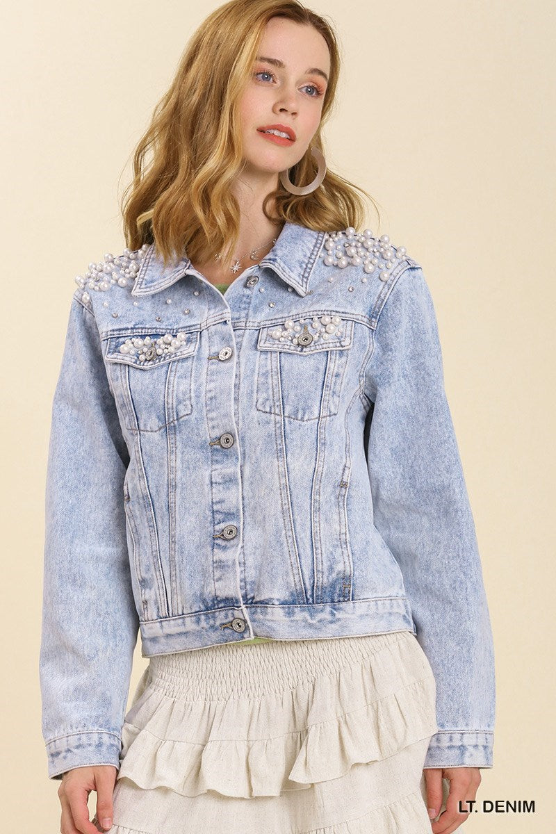 Amanda Denim Jacket with Pearl Details