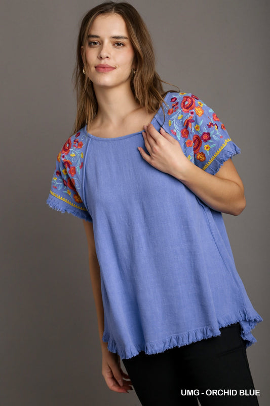 Embroidery Short Sleeve Linen Top