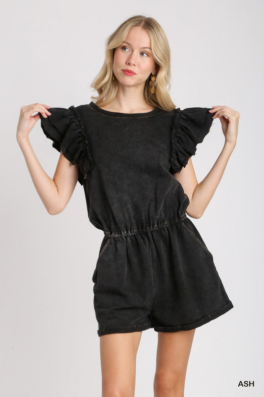 Washed French Terry Elastic Waist Romper