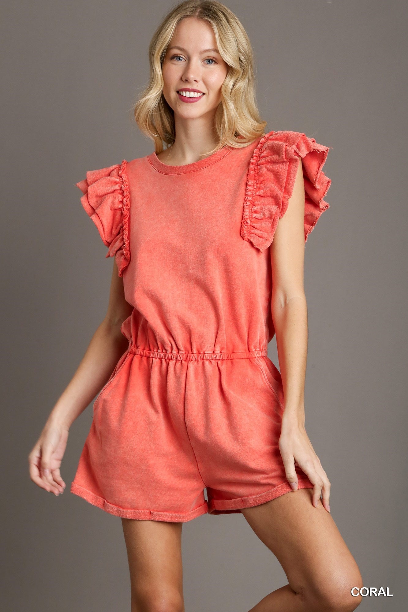 Washed French Terry Elastic Waist Romper