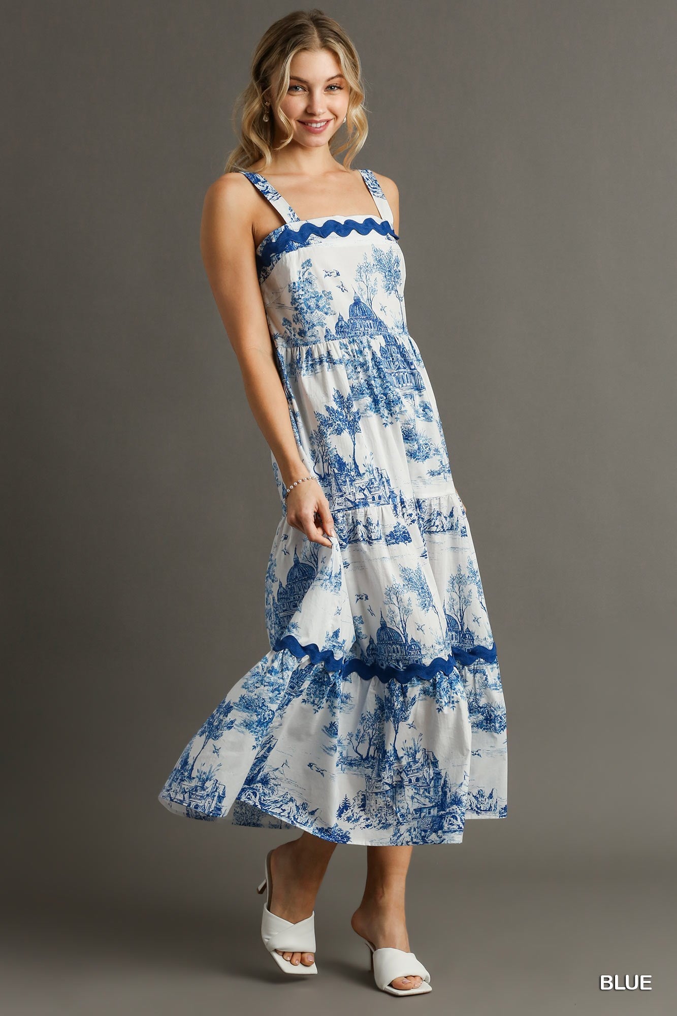 Toile Print Dress with Ric Rac Trim