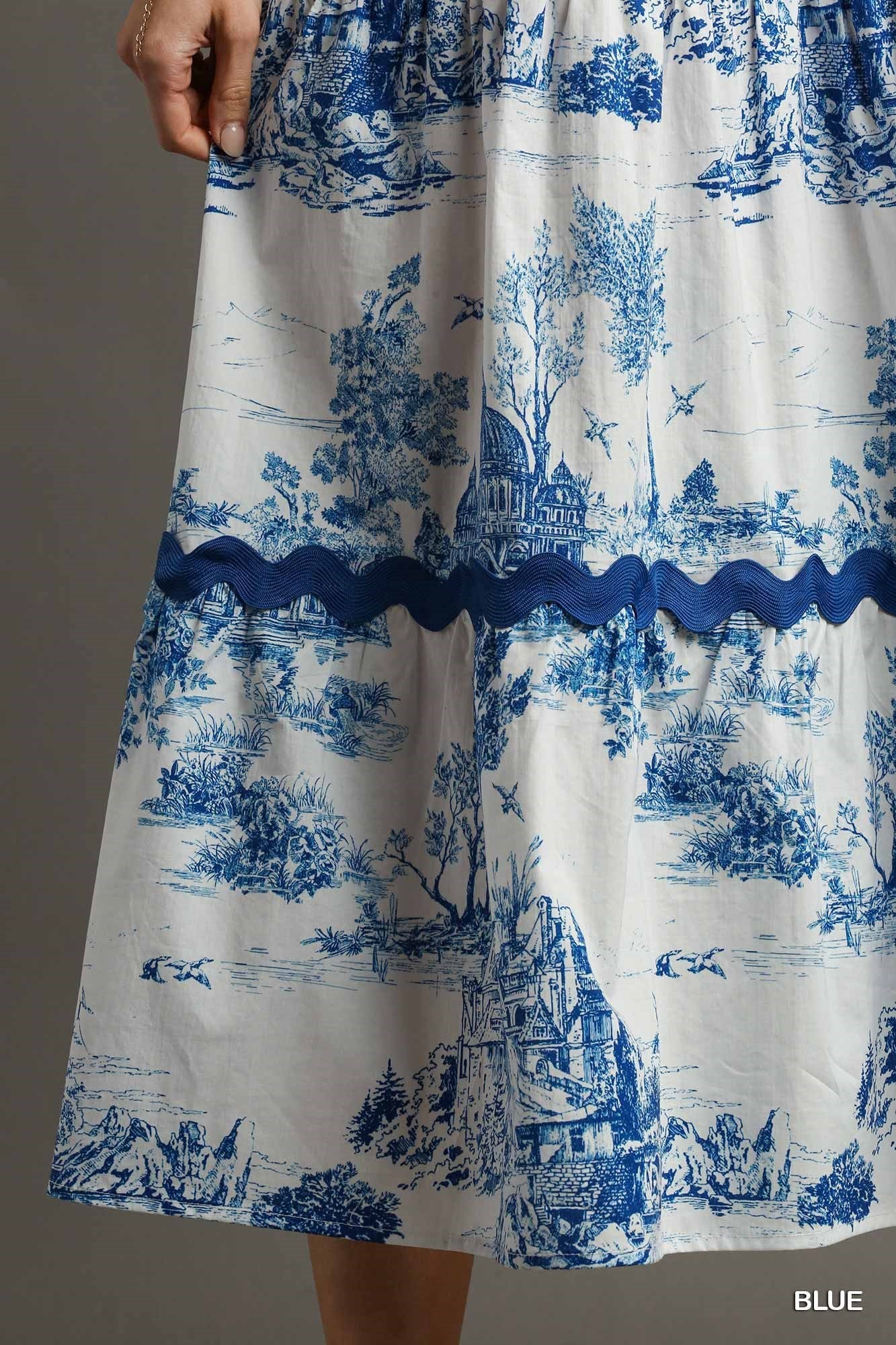 Toile Print Dress with Ric Rac Trim