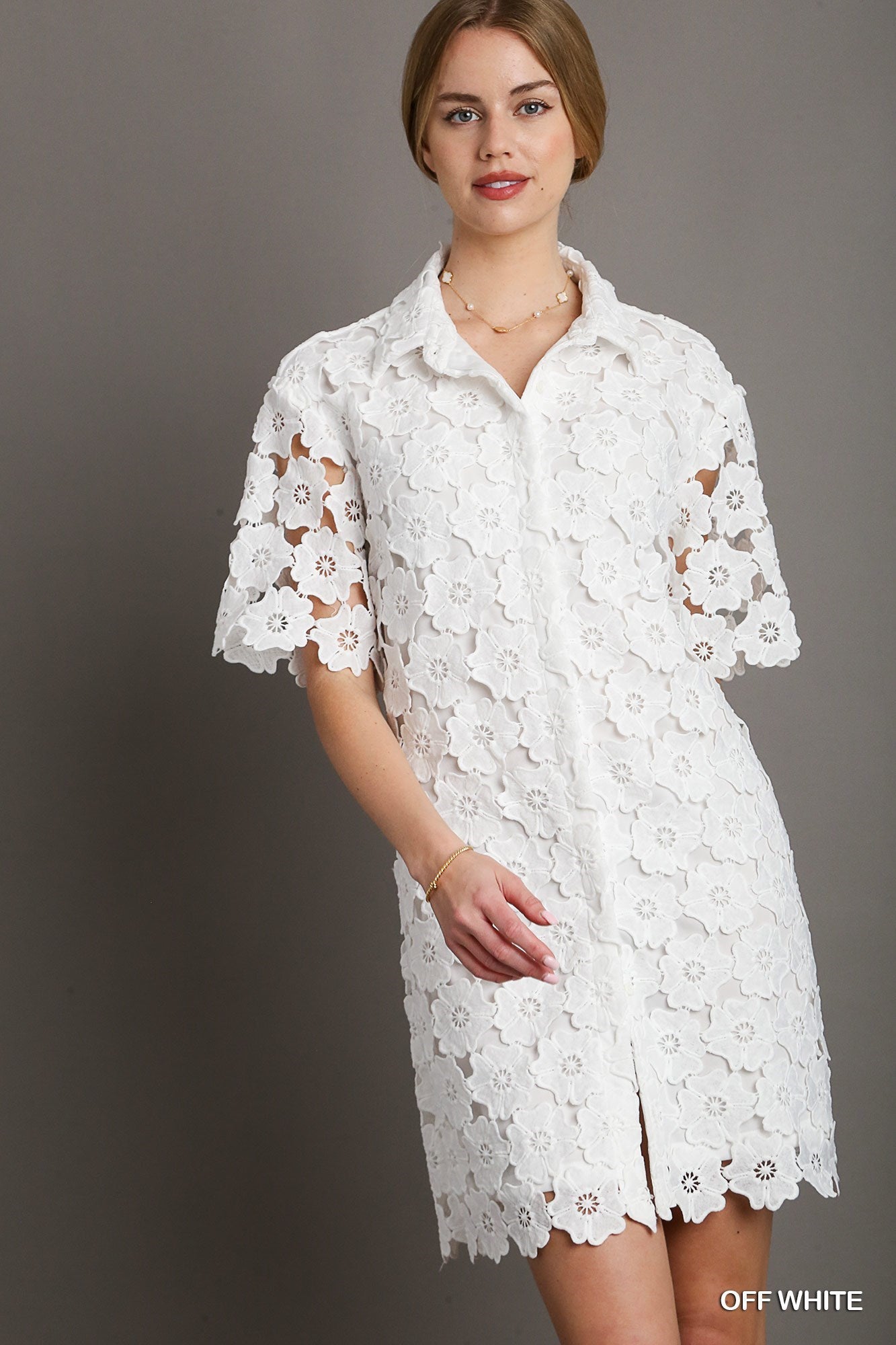 Floral Lace Button Down A-Line Dress