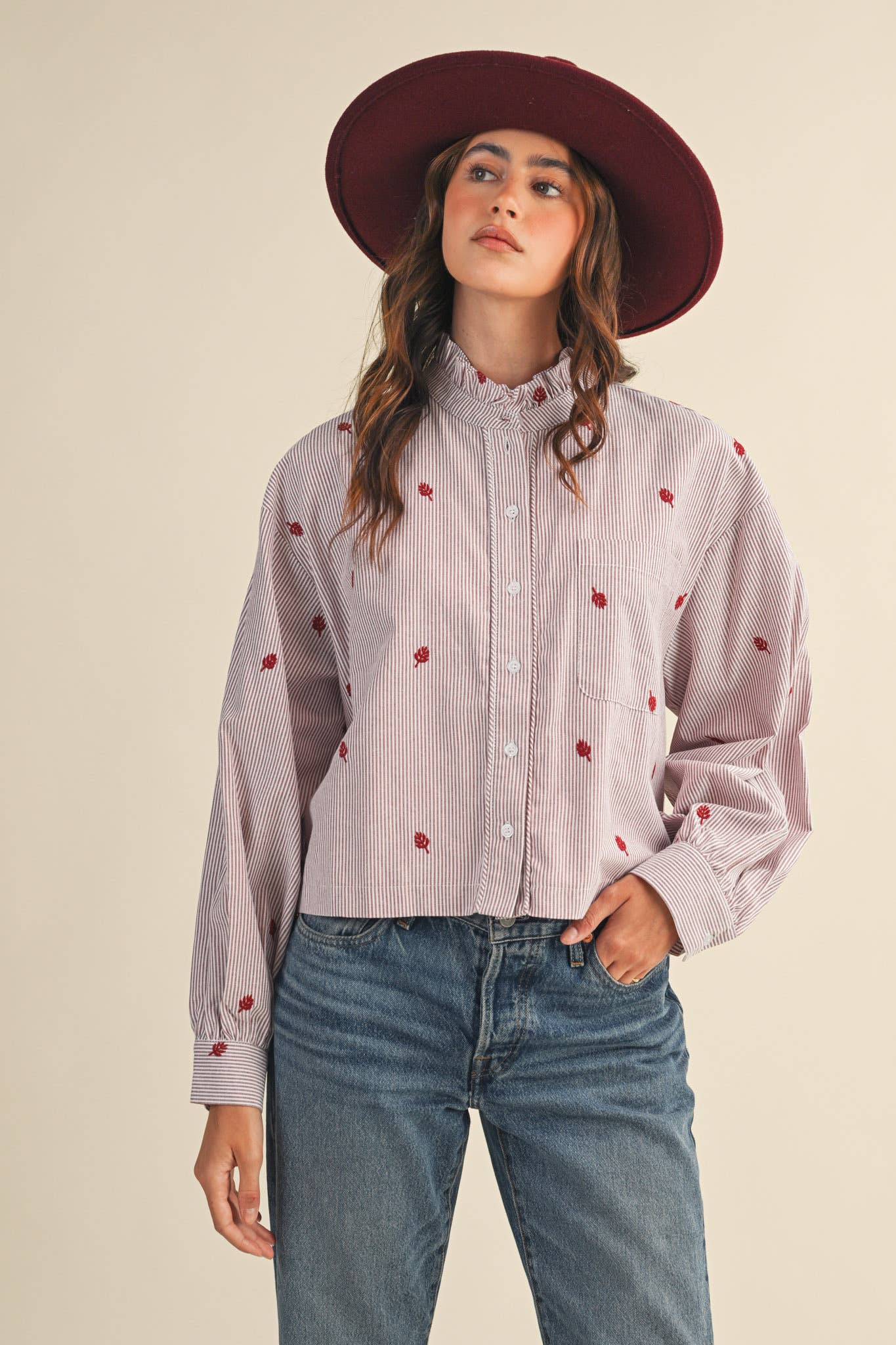 Ruffle collar striped button down blouse with red floral embroidery worn with jeans – Erin Rose Boutique