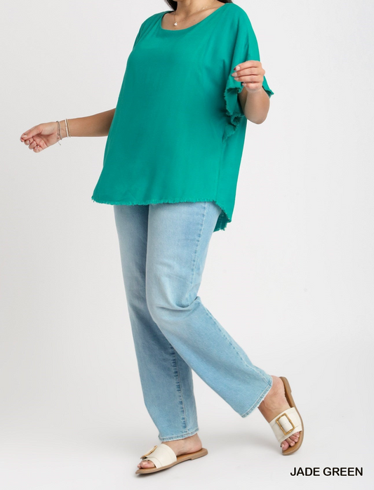 Linen Blend Short ruffle Sleeve Top