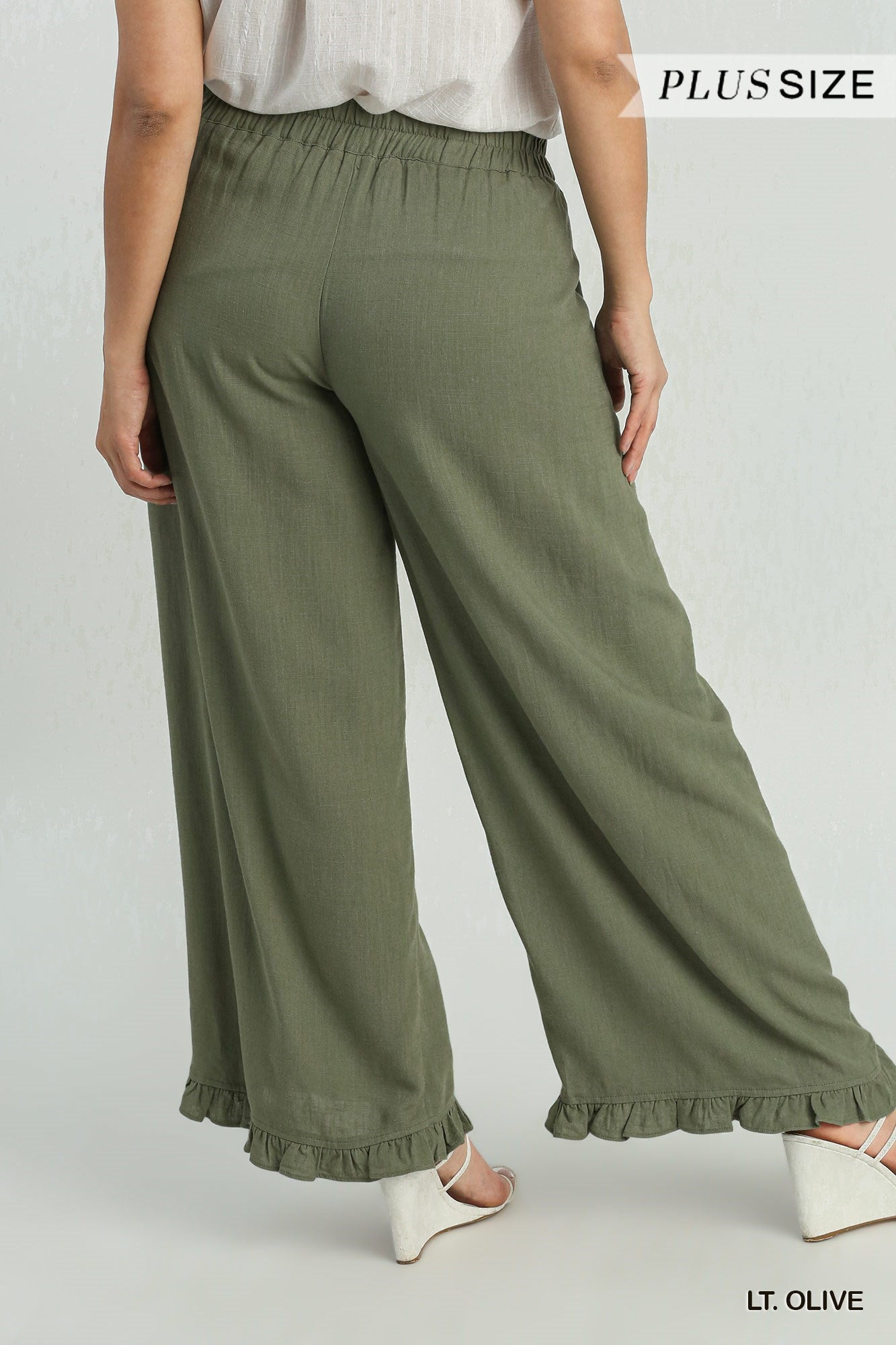 Linen Blend Elastic Waist Ruffle Hem Pants with Pockets