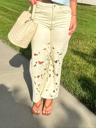 Cream wide leg floral cutout denim jeans