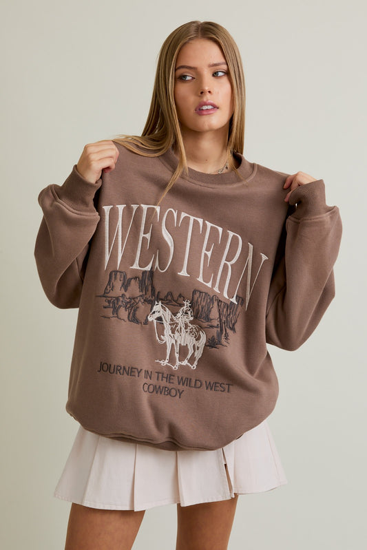 Brown oversized Western graphic sweatshirt with cowboy riding horse artwork – Erin Rose Boutique