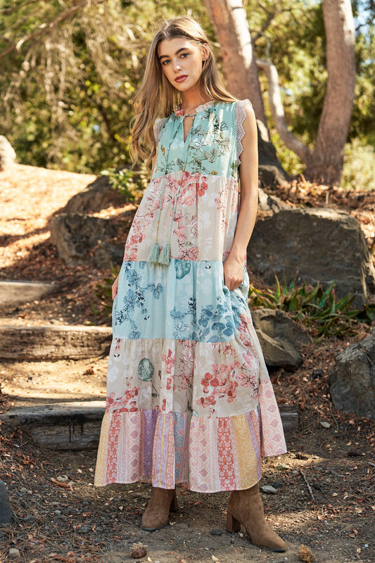 Floral Mixed Print Lace Detail Maxi
