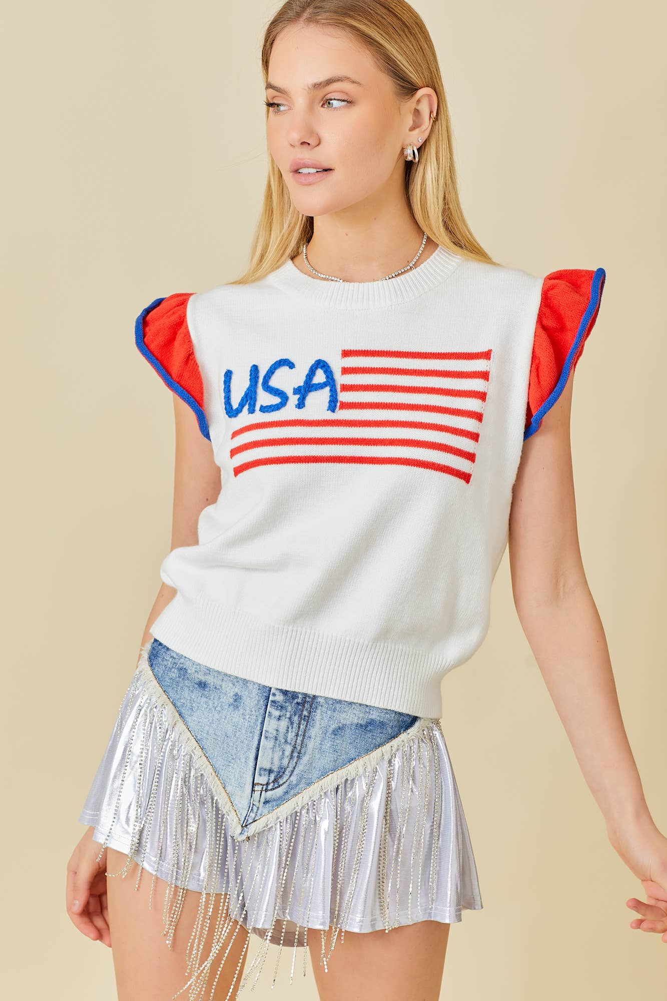 USA Flag Embroidered Sleevless Ruffle Sweater