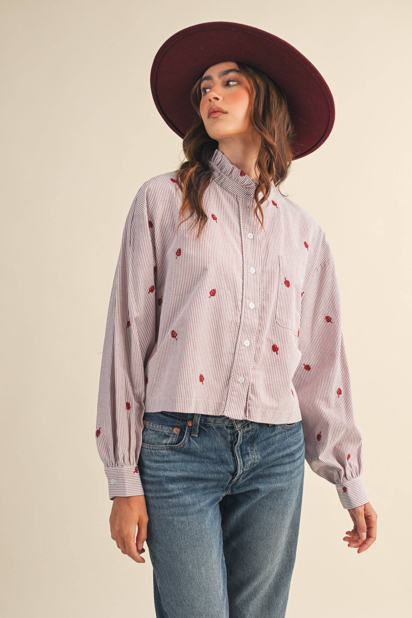 Bradley Embroidered Mock Neck Striped Button Up