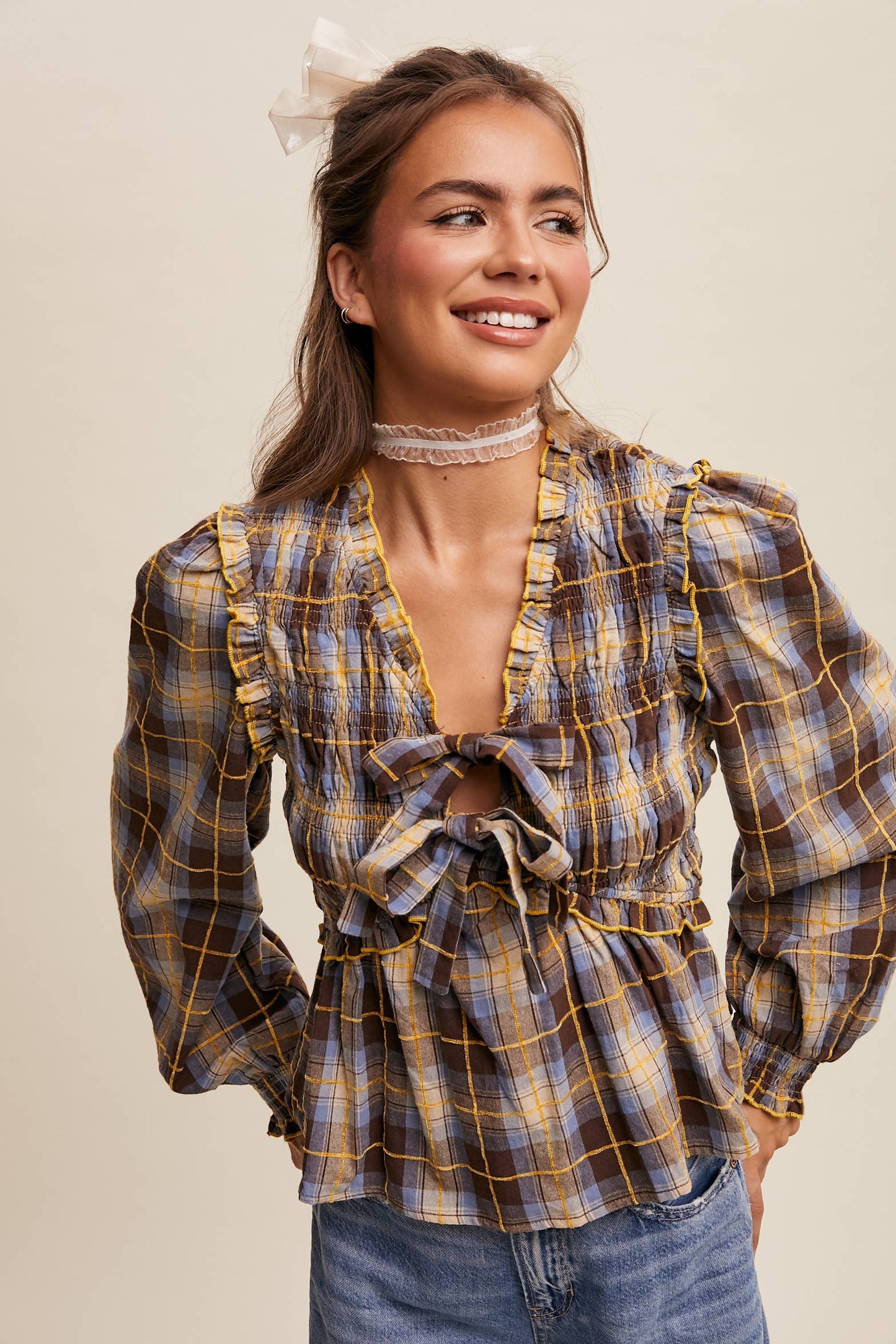 Penelope Smocked Plaid Bow Blouse