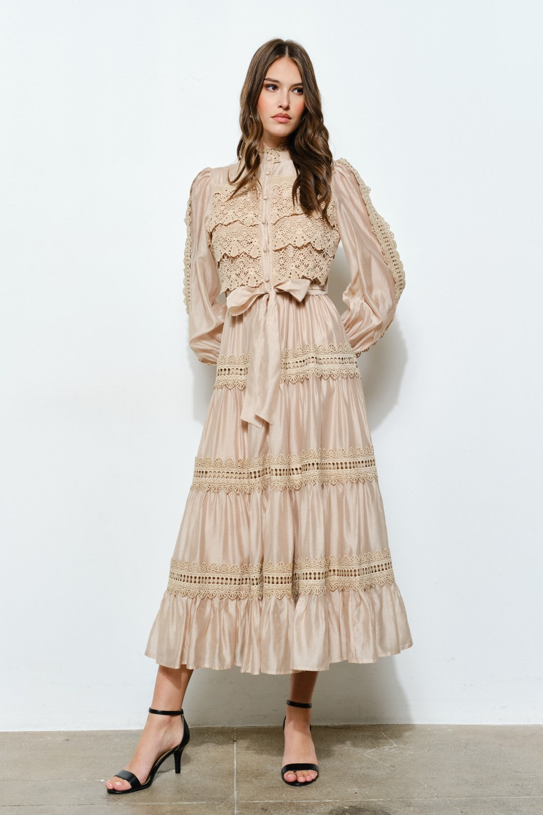 Angelina Crochet-style Lace Panel Satin Midi Dress