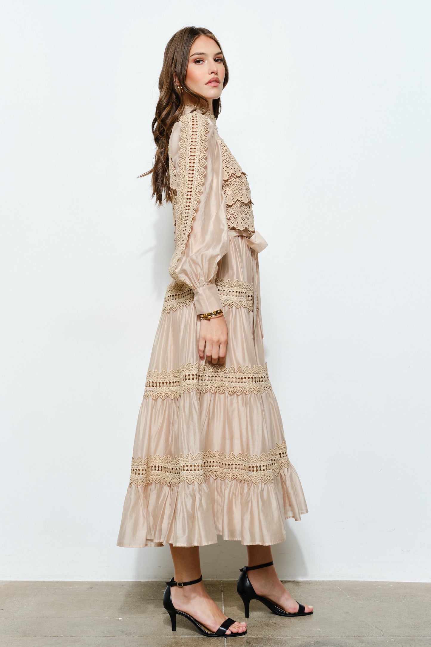 Angelina Crochet-style Lace Panel Satin Midi Dress