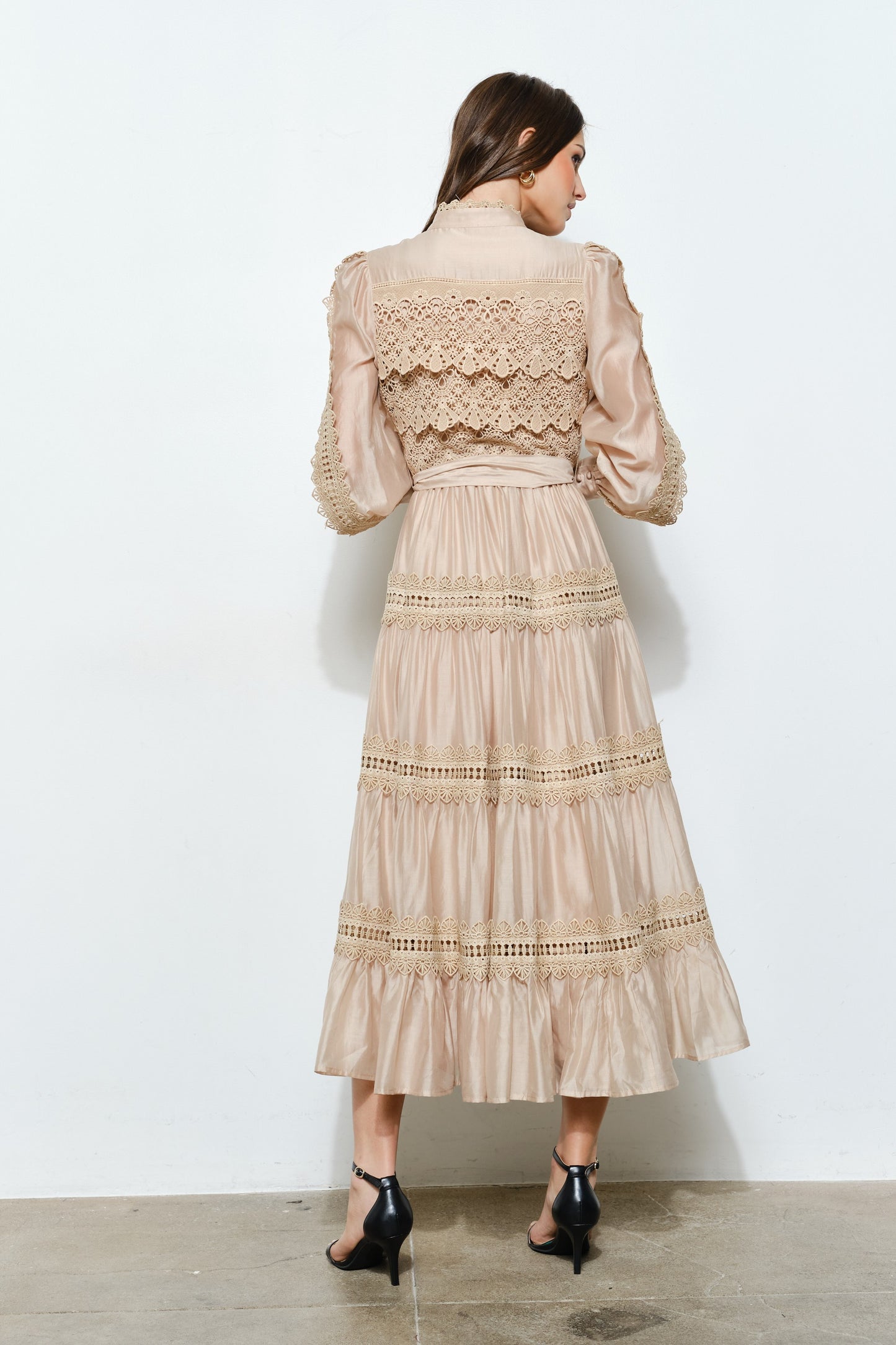 Angelina Crochet-style Lace Panel Satin Midi Dress