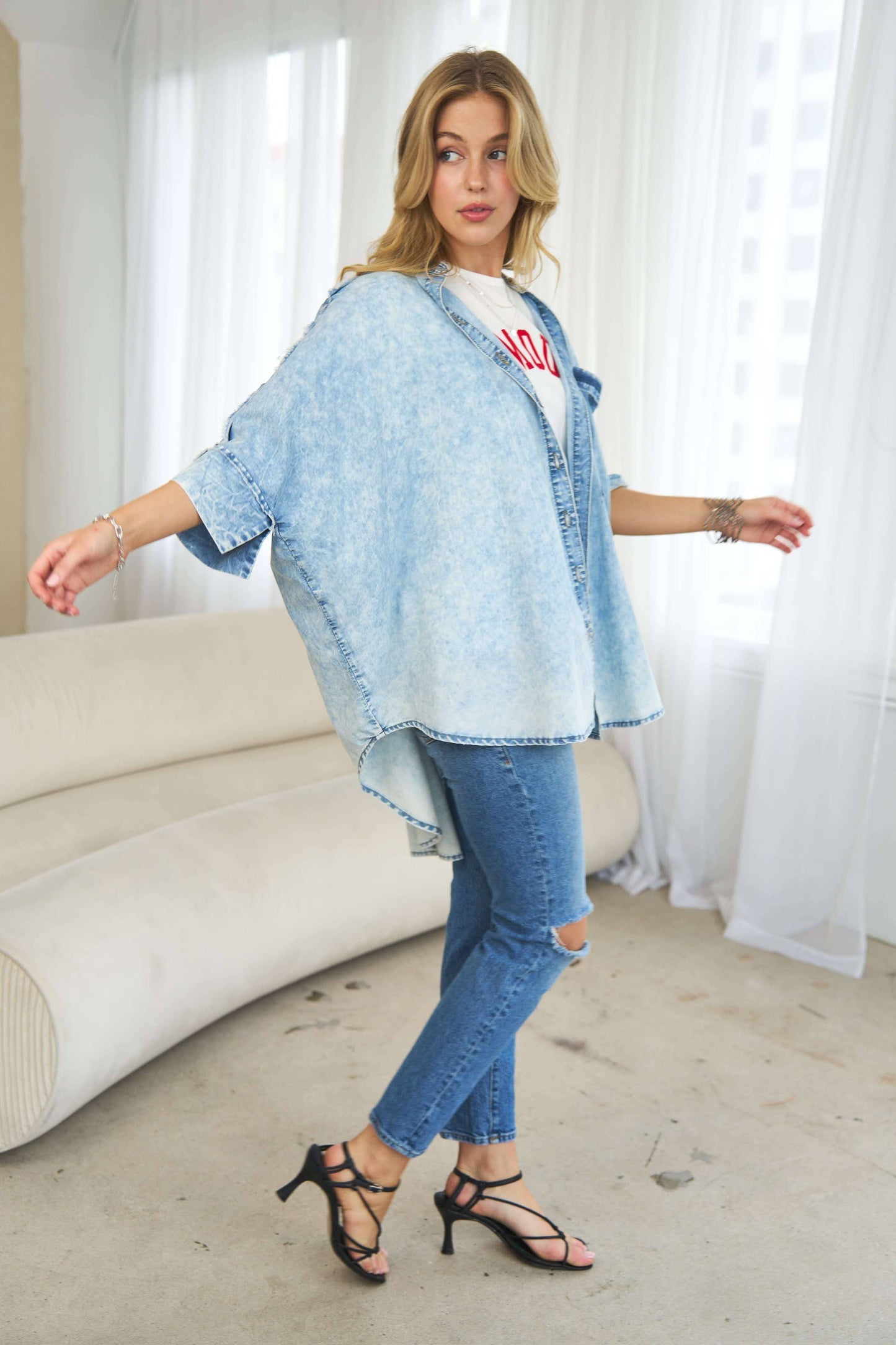 Plus Washed Denim Stand Collar Oversized Shirt