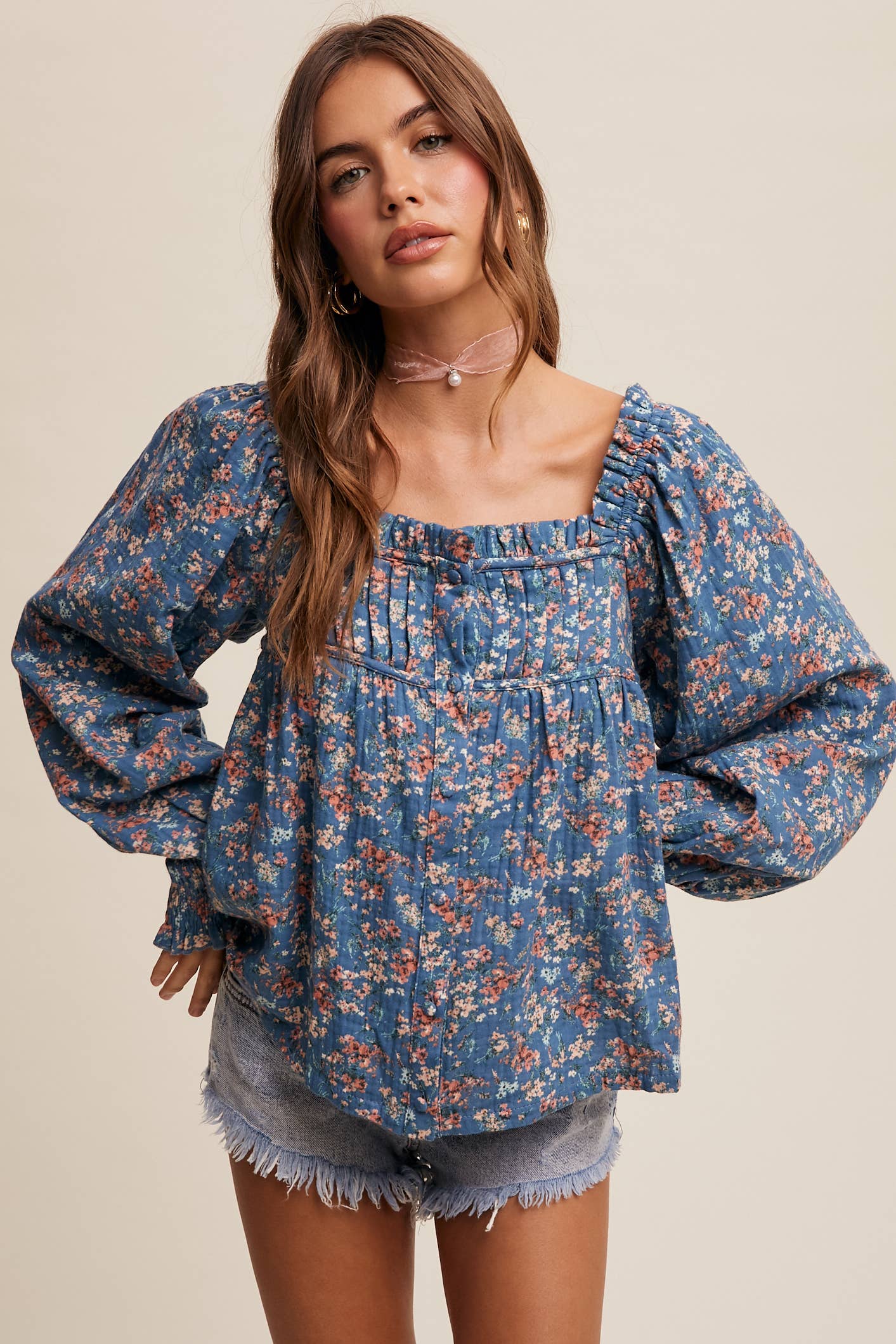 Janelle Square-Neck Floral Print Blouse