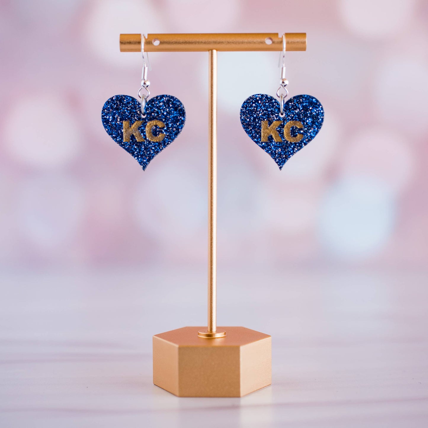 Blue & Gold Glitter KC Heart Earrings