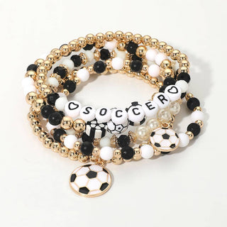 SOCCER Ball Charm Beaded Stretch Multi Layered Bracelets