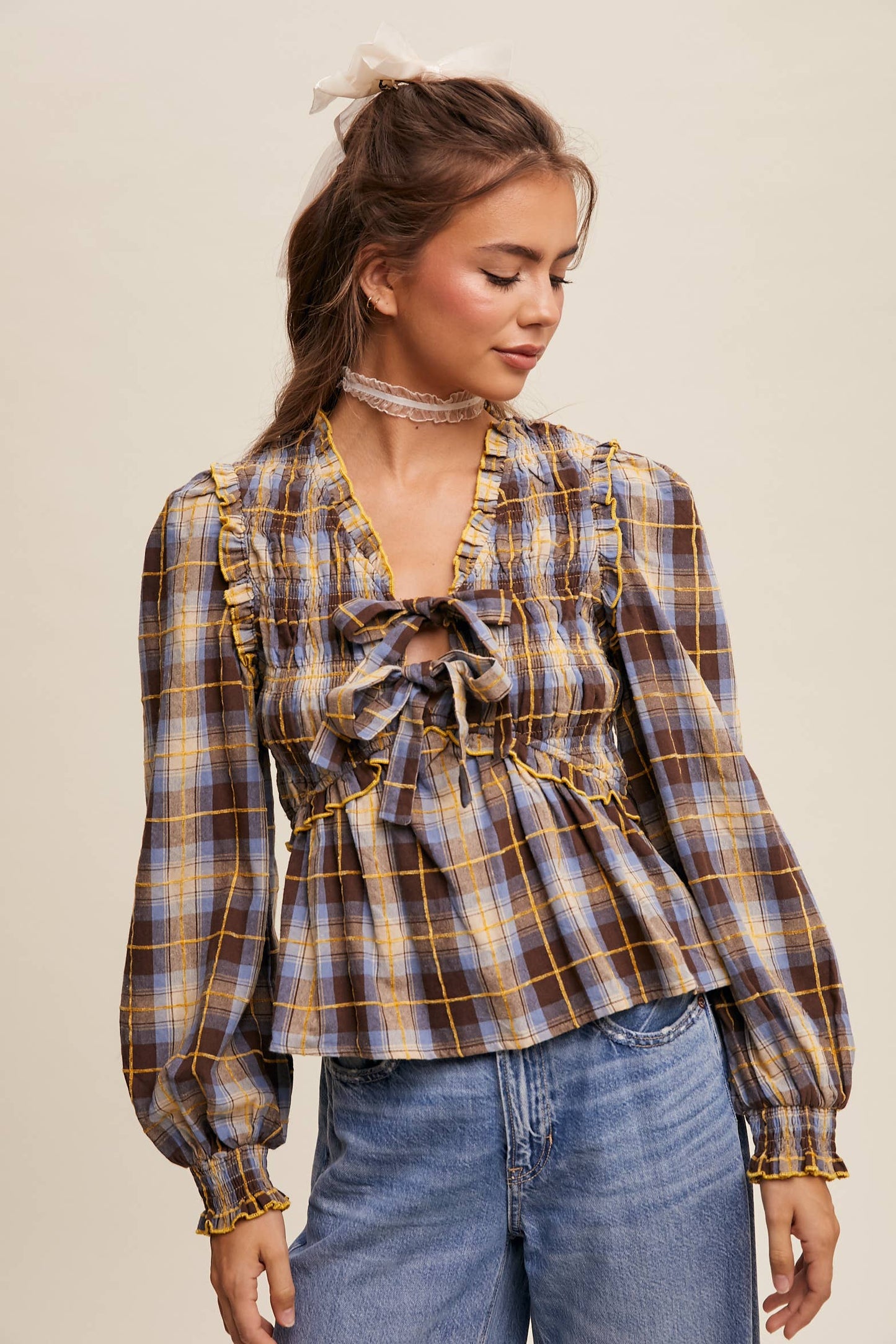 Penelope Smocked Plaid Bow Blouse
