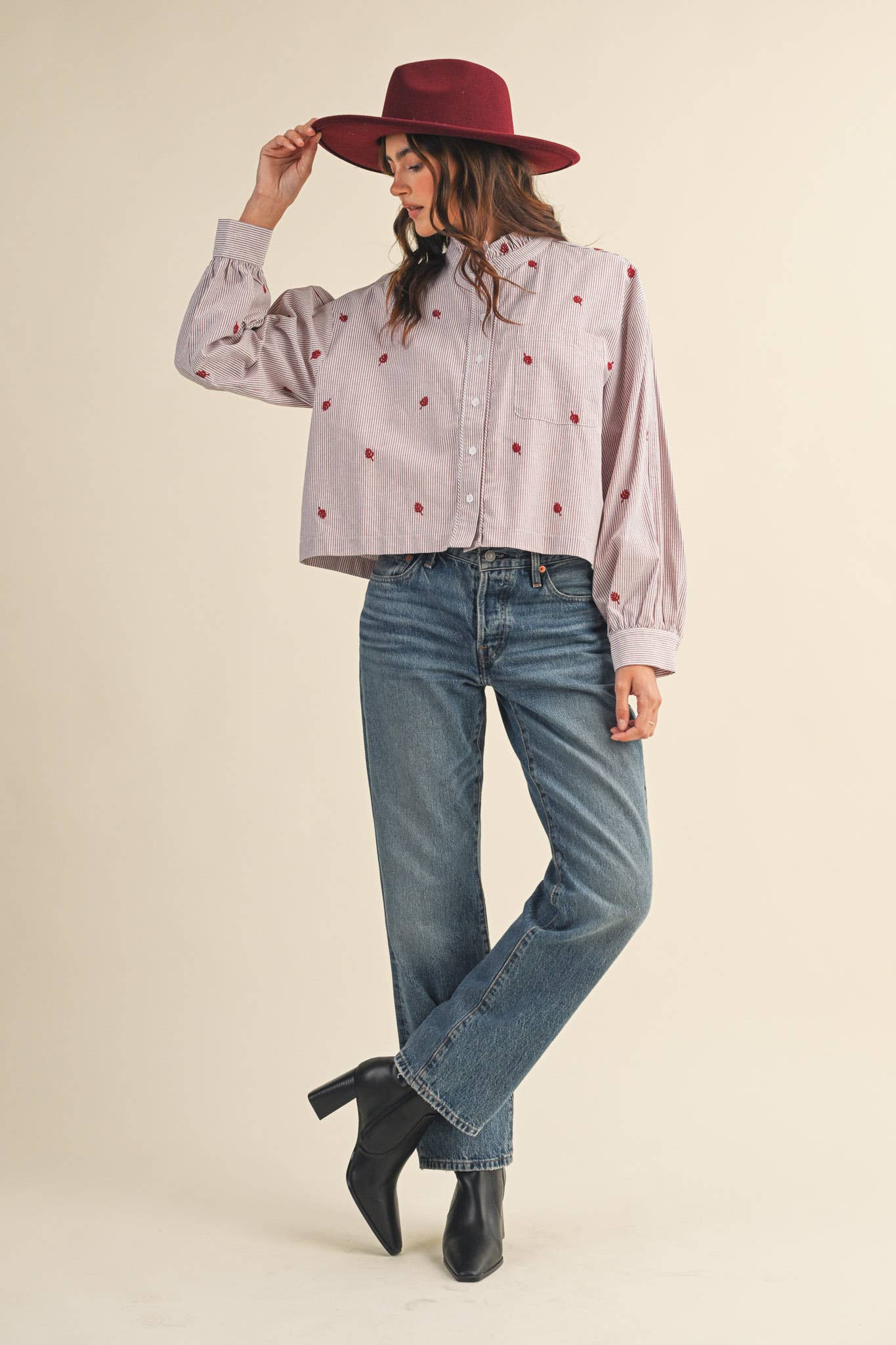 Bradley Embroidered Mock Neck Striped Button Up