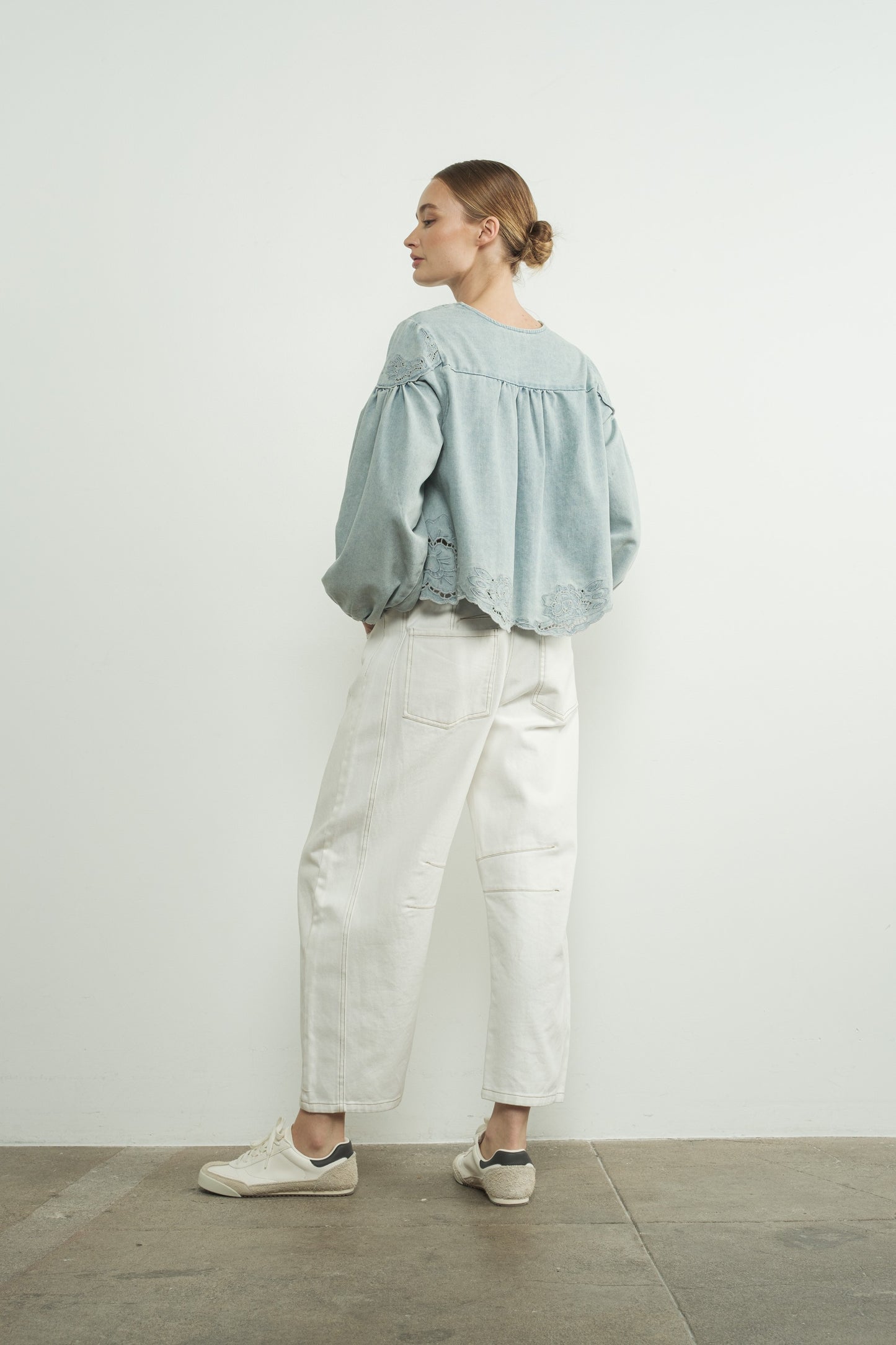 Dana Denim Embroidery Volume Sleeve Top