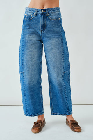 barrel leg denim jeans in medium wash with relaxed curved leg fit from Erin Rose Boutique