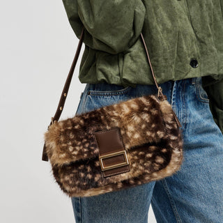 Brown faux fur handbag with shoulder strap and gold-tone buckle